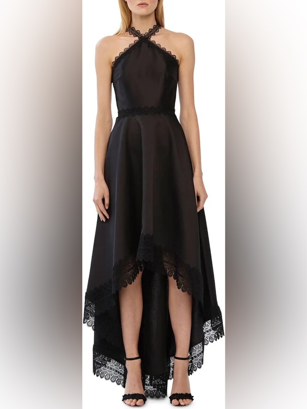 Monique Lhuillier ML Evening Hi-Low Black Mikado Gown halter lace